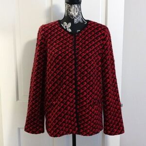 ❤️Talbots❤️ - Red/Black Geometric Print Wool Blend Hidden Button Cardigan Jacket